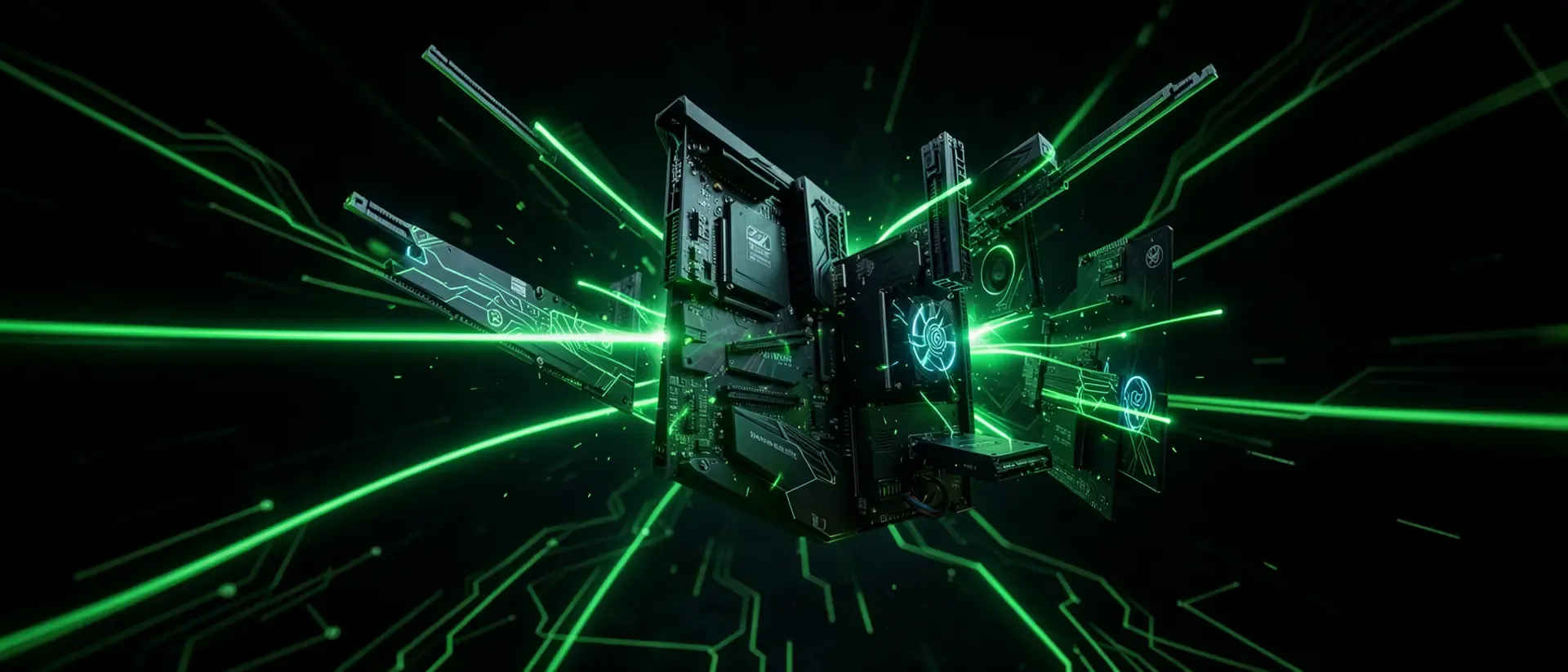Eine futuristische Darstellung eines Mainboards mit leuchtenden grünen Linien und einem dunklen Hintergrund.
