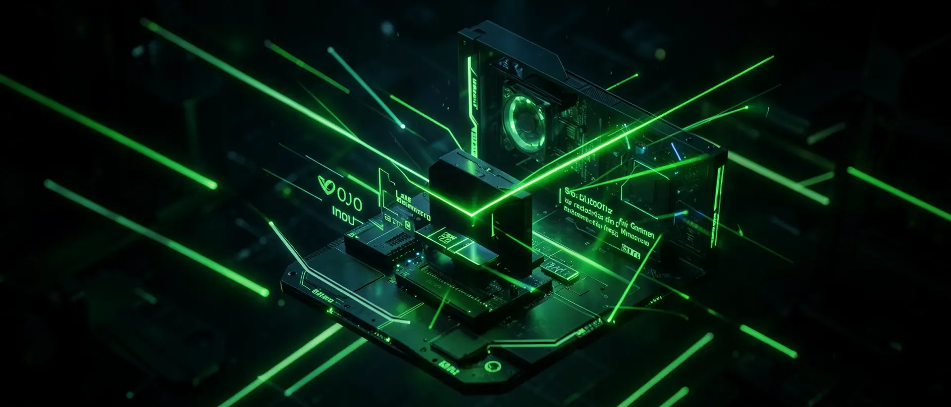 Eine futuristische Platine mit grünen Lichtern und Datenströmen in einem dunklen Raum.