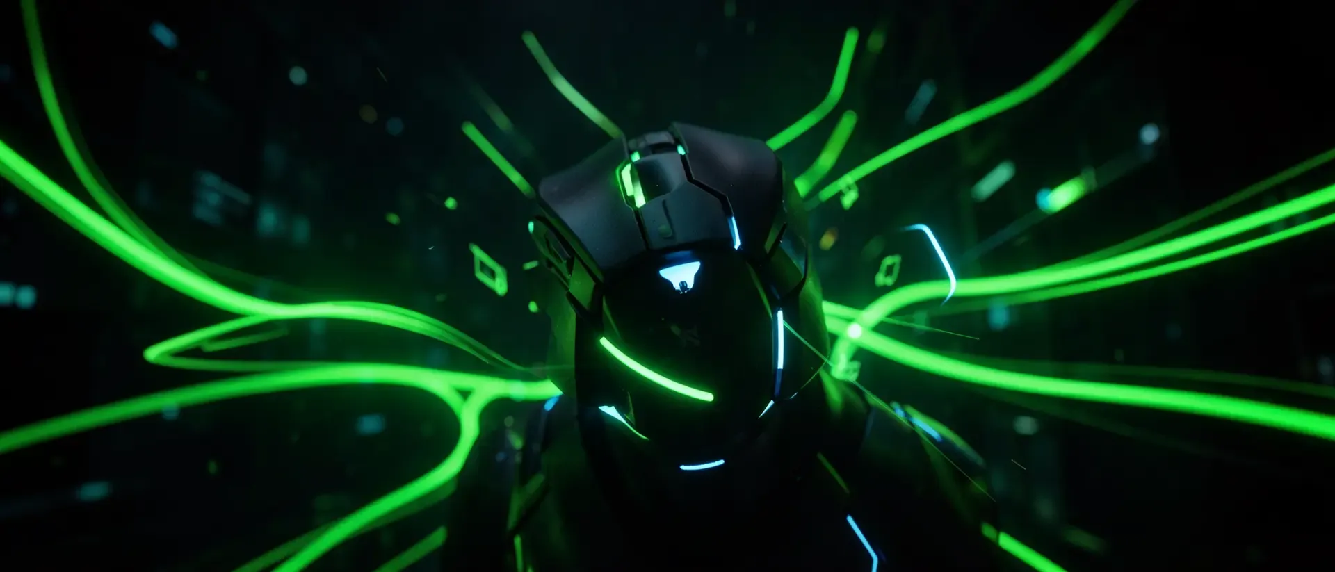Eine Gaming-Maus mit leuchtenden grünen Akzenten vor einem dunklen, futuristischen Hintergrund.