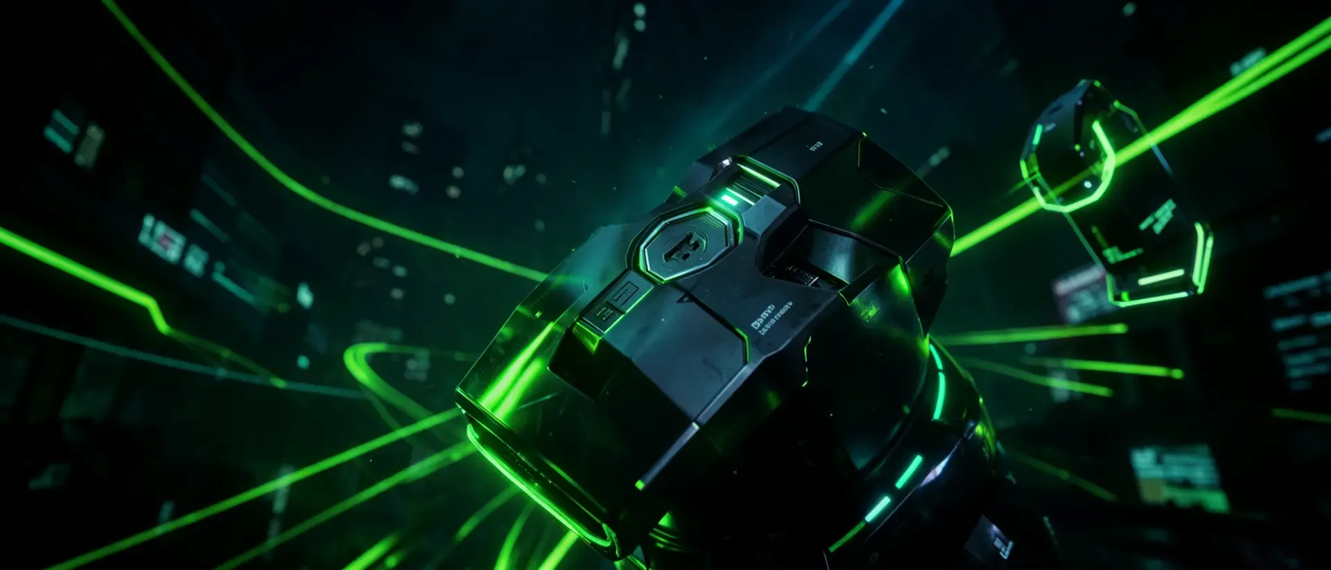 Nahaufnahme einer Gaming-Maus mit grünen Lichtern und dynamischen Linien im Hintergrund.