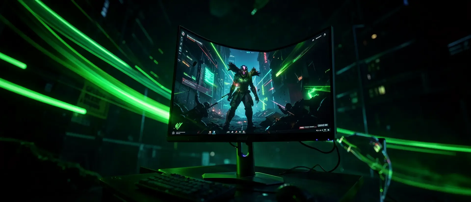Ein gebogener Gaming-Monitor zeigt einen futuristischen Charakter in einer neonbeleuchteten Stadt.