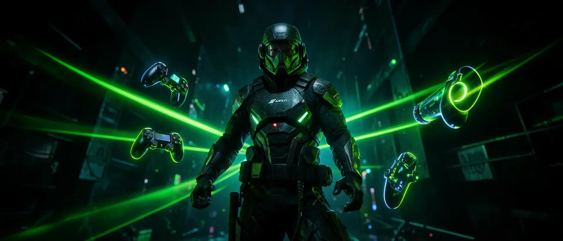 Ein Charakter in einer Rüstung steht im Mittelpunkt, umgeben von schwebenden Gaming-Controllern und grünen Lichtstrahlen.