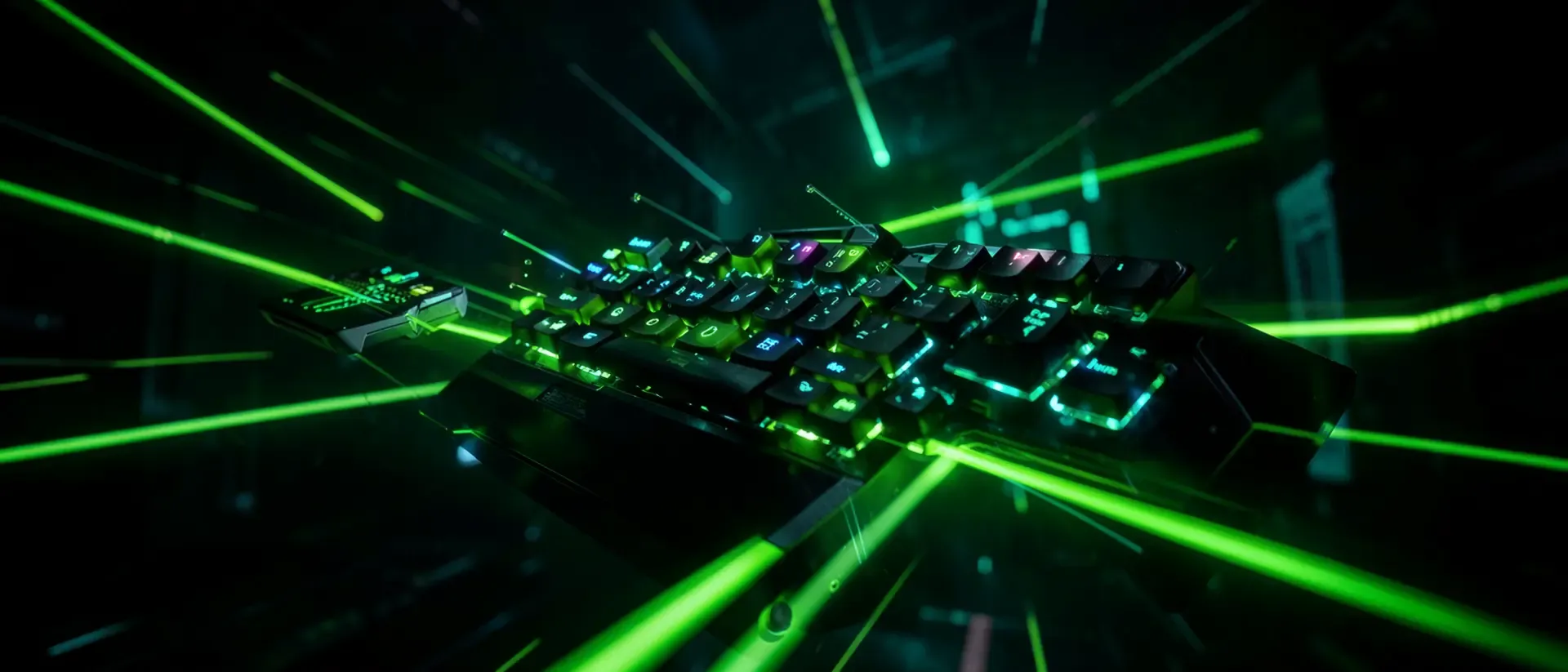 Eine mechanische Gaming-Tastatur mit leuchtenden Tasten und dynamischen grünen Lichtstrahlen im Hintergrund.