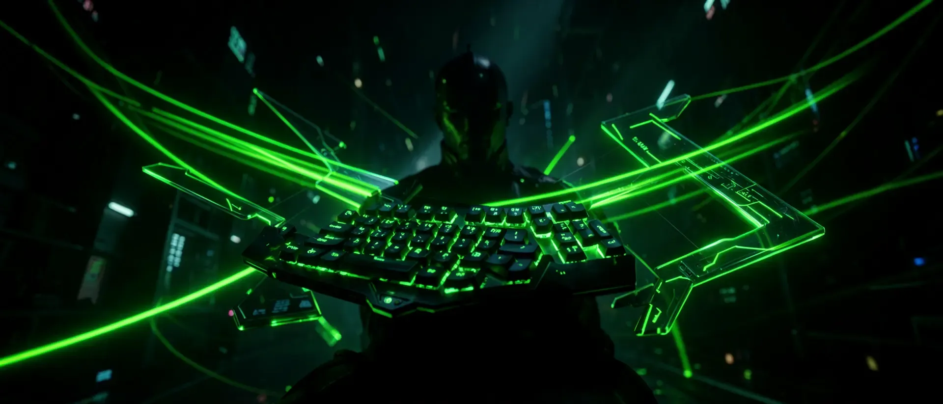 Eine Person hält eine Gaming-Tastatur, umgeben von grünen Lichtstrahlen in einer futuristischen Umgebung.