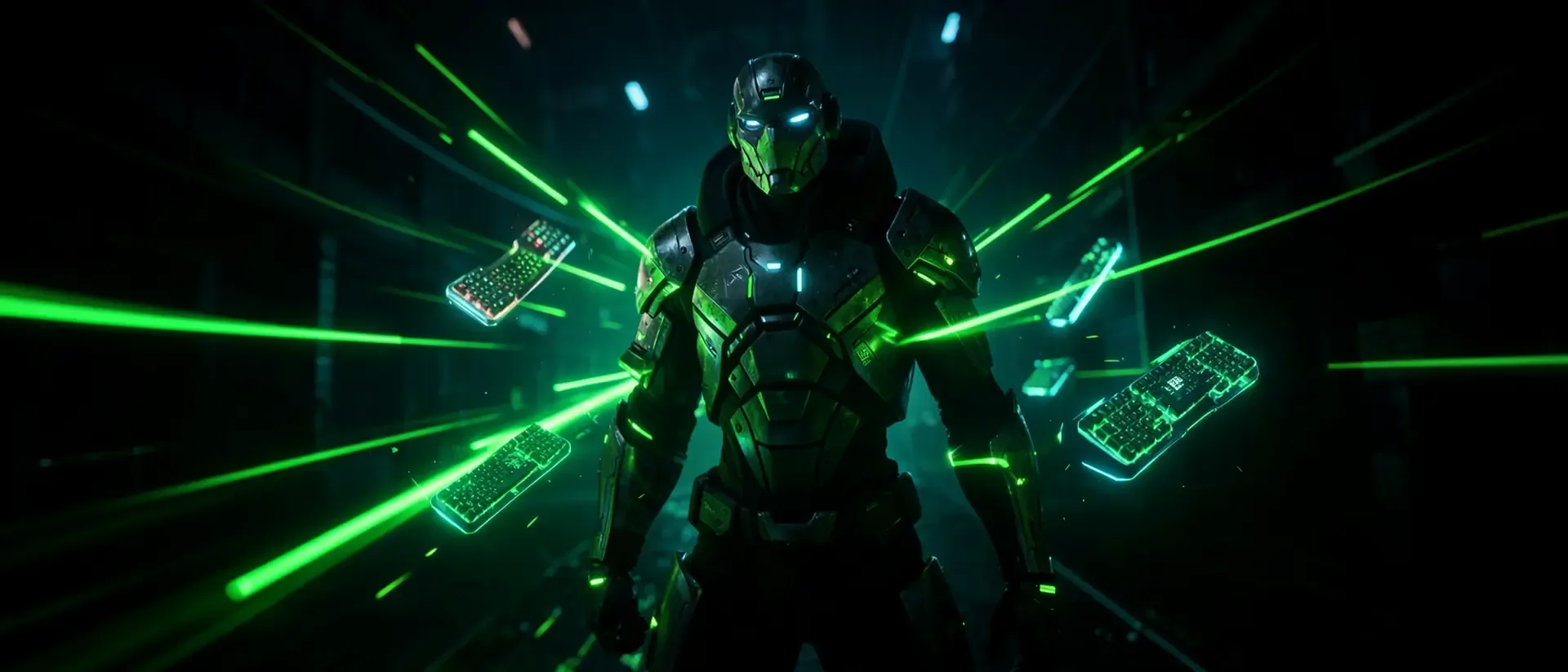 Ein futuristisch aussehender Charakter steht mit mehreren schwebenden Gaming-Tastaturen um ihn herum, umgeben von grünen Lichtstrahlen.