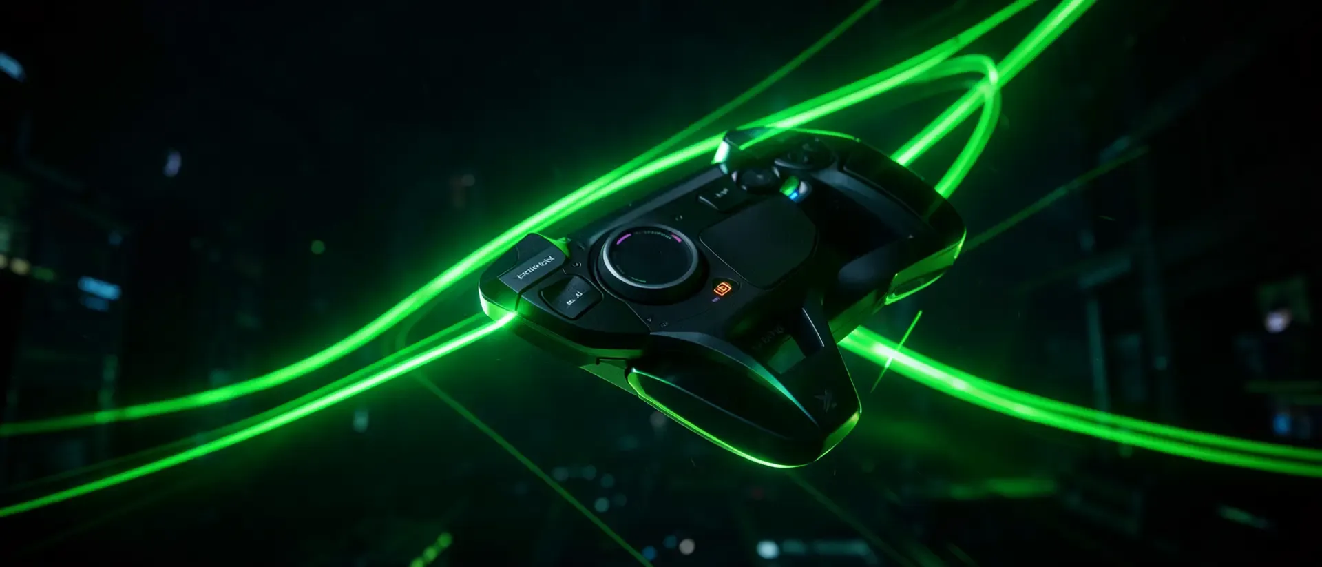 Futuristischer Controller mit Tasten und leuchtenden grünen Linien im Hintergrund.