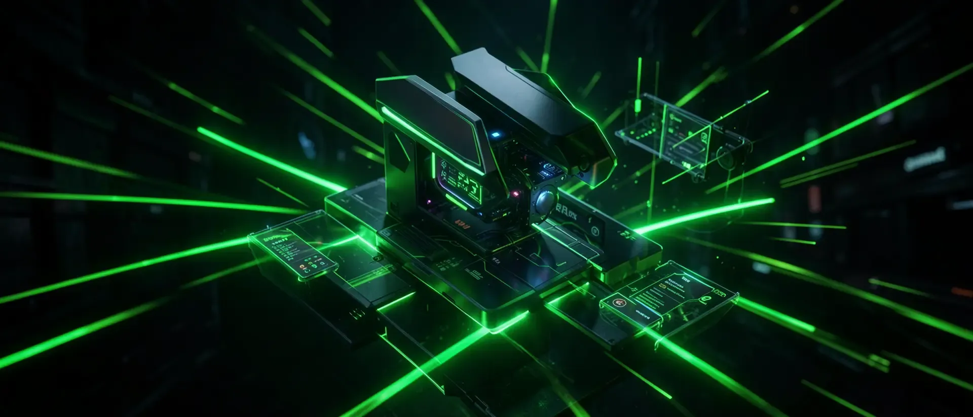 Ein futuristisches Motherboard mit leuchtenden grünen Linien und digitalen Anzeigen im Hintergrund.