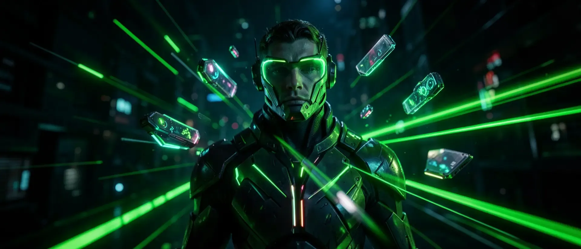 Futuristische Figur in einem Cyberpunk-Umfeld mit grünen Lichtstrahlen und schwebenden Objekten.