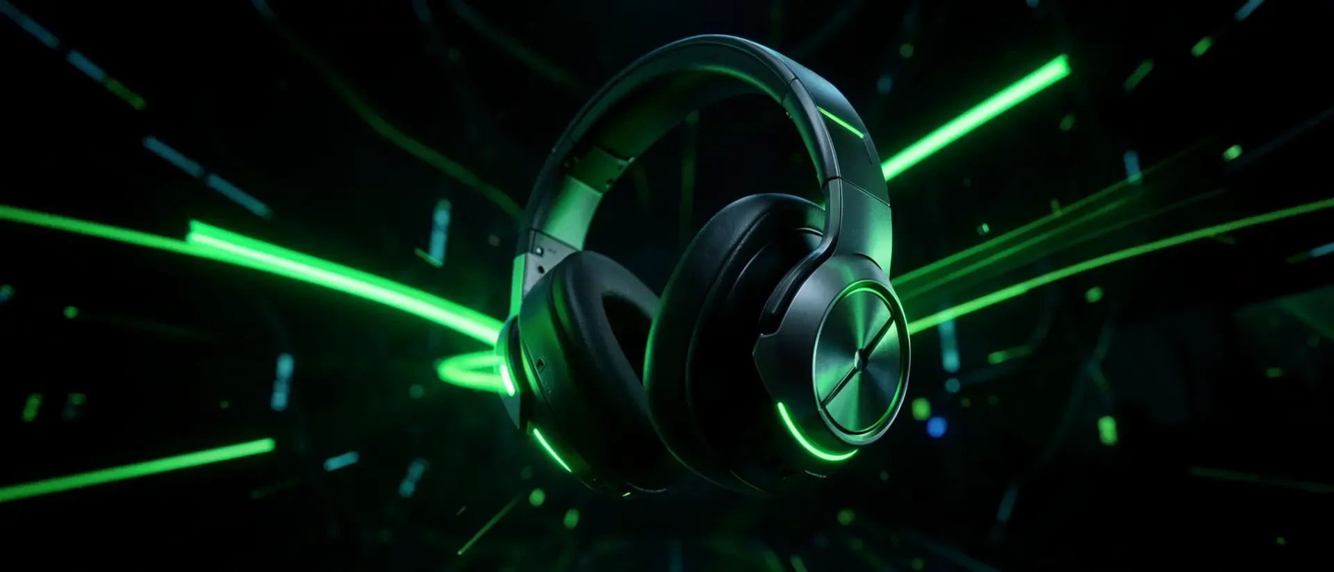 Schwarzes Gaming-Headset mit grüner Beleuchtung vor einem dunklen, futuristischen Hintergrund.