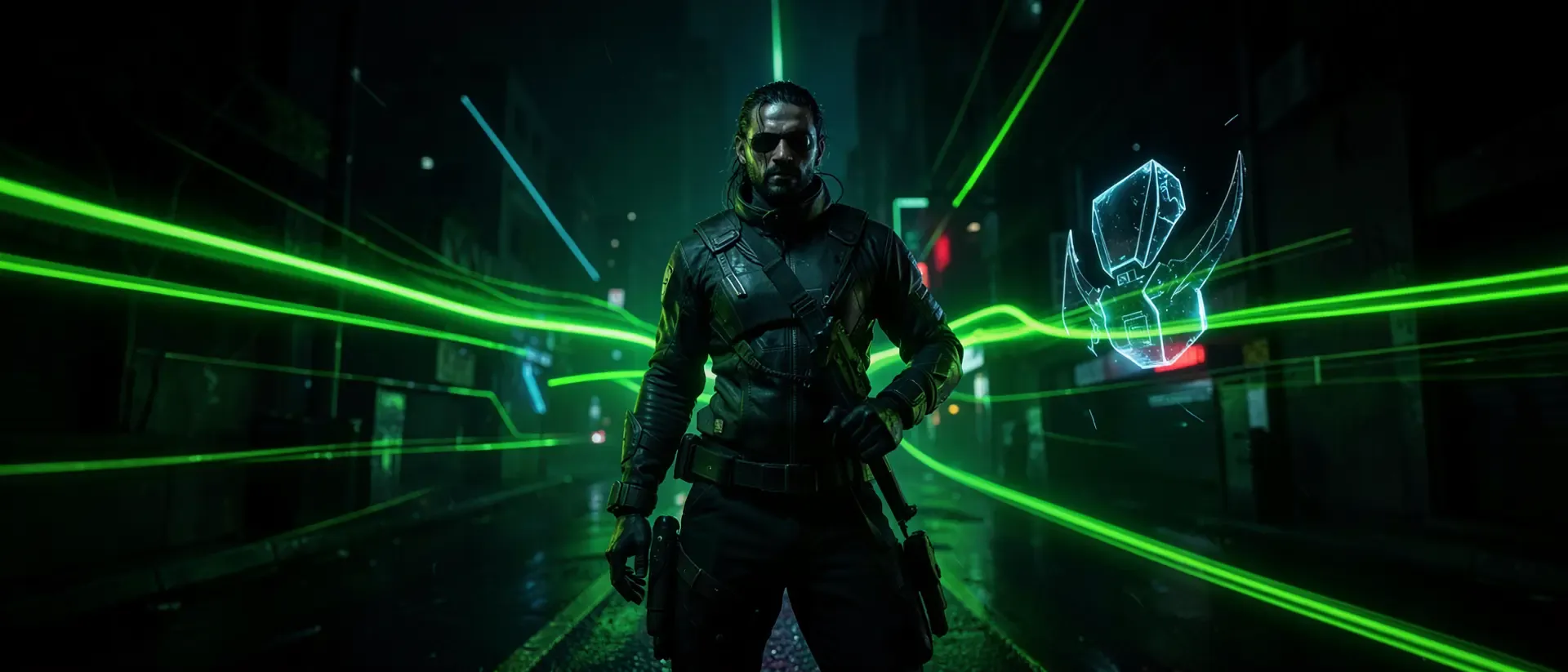 Eine Person in einem schwarzen Outfit steht in einer neonbeleuchteten Stadt, umgeben von grünen Lichtstrahlen.
