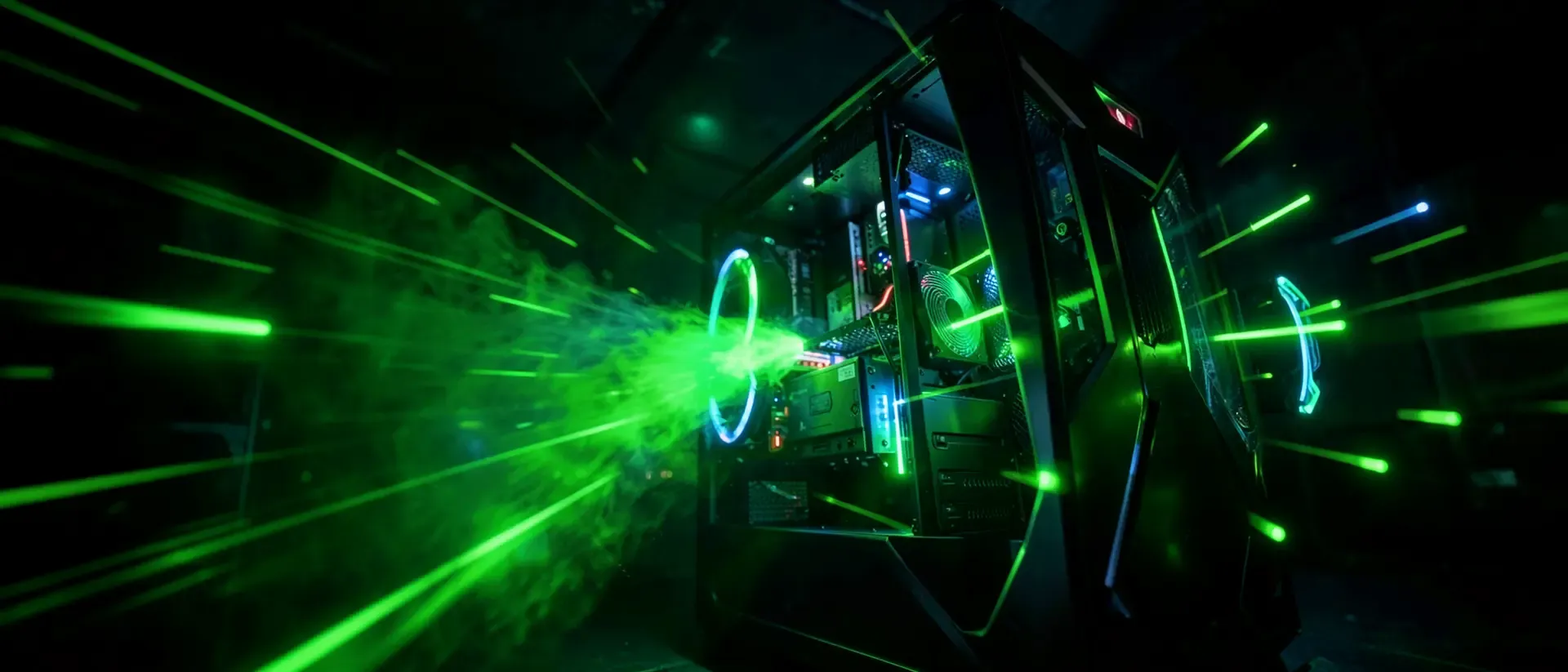 Ein Gaming-PC-Gehäuse mit grünem Licht und Luftstrom-Effekten, das die Kühlung zeigt.