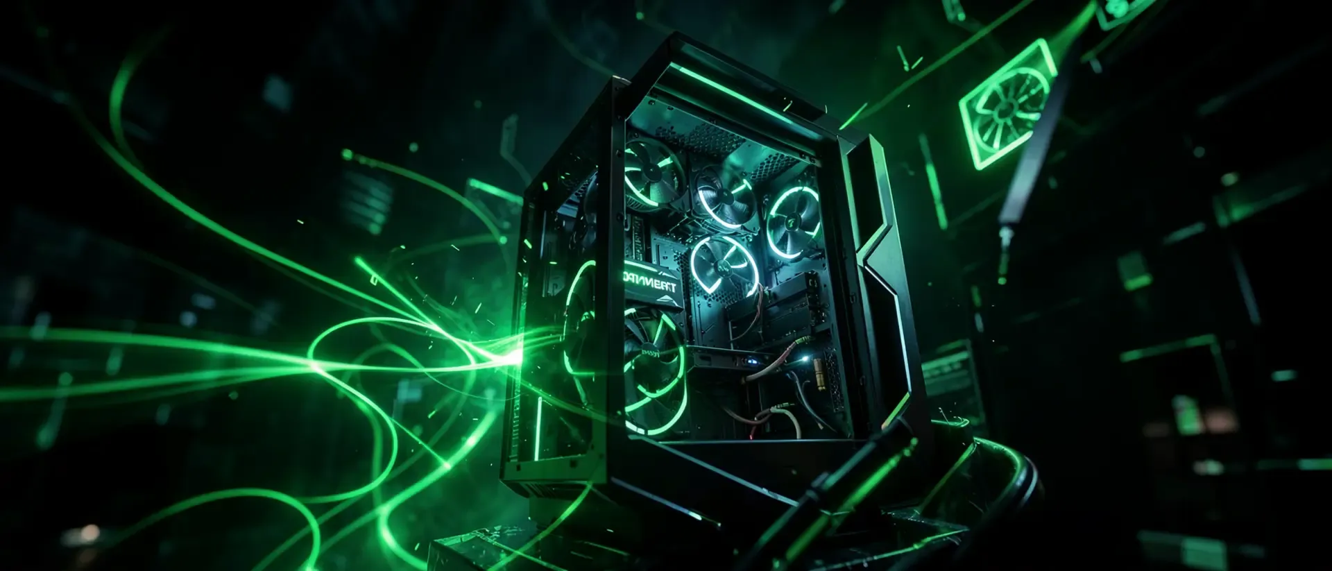 Ein PC-Gehäuse mit mehreren Lüftern und grünem Licht, das den Luftstrom visualisiert.