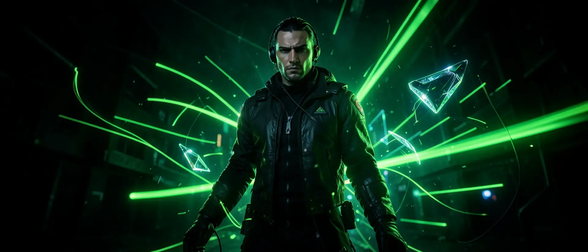 Eine Person in schwarzer Kleidung steht vor einem futuristischen Hintergrund mit grünen Lichtstrahlen.