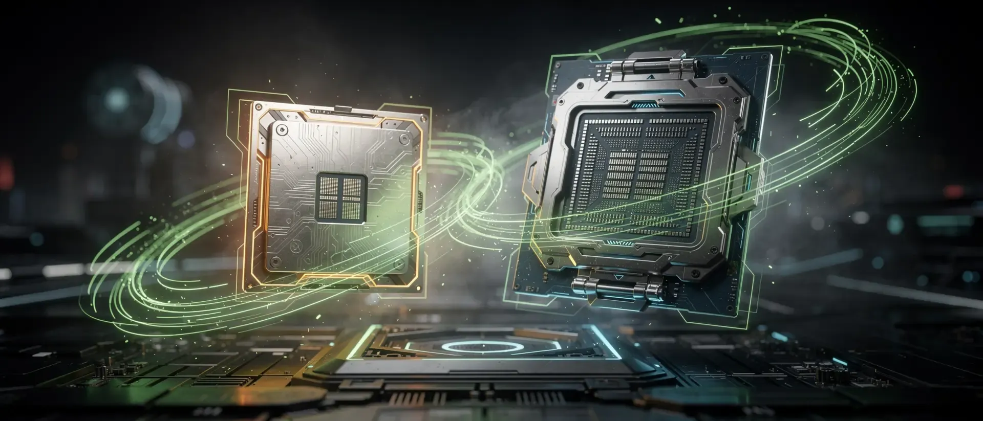 Zwei futuristische CPU-Prozessoren, die von leuchtend grünen Energielinien auf einem dunklen High-Tech-Hintergrund umgeben sind