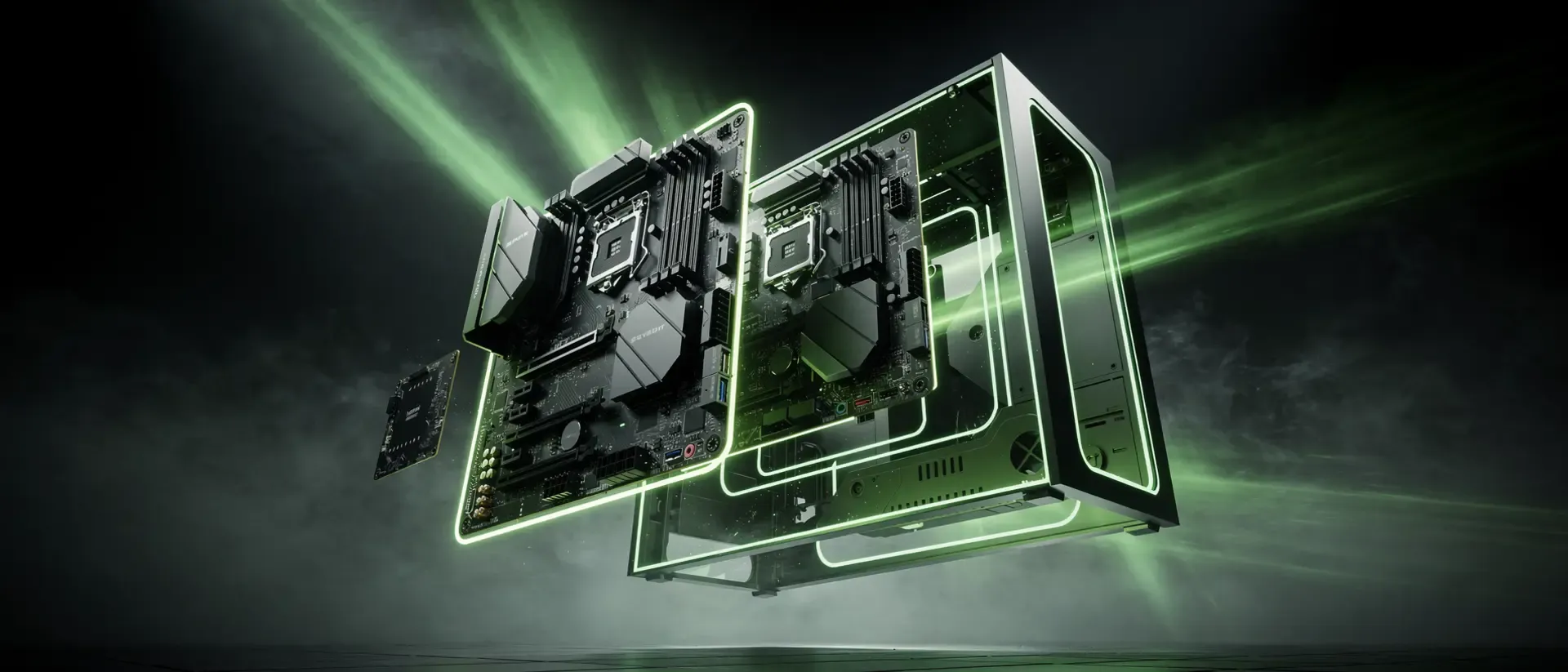 Zwei verschiedene Mainboards in unterschiedlichen Größen neben einem PC-Gehäuse mit grüner Neon-Beleuchtung