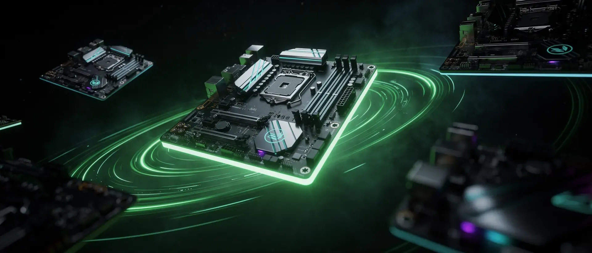 Mehrere moderne Gaming-Mainboards, die in einem dunklen Raum über grünen, kreisförmigen Lichteffekten schweben