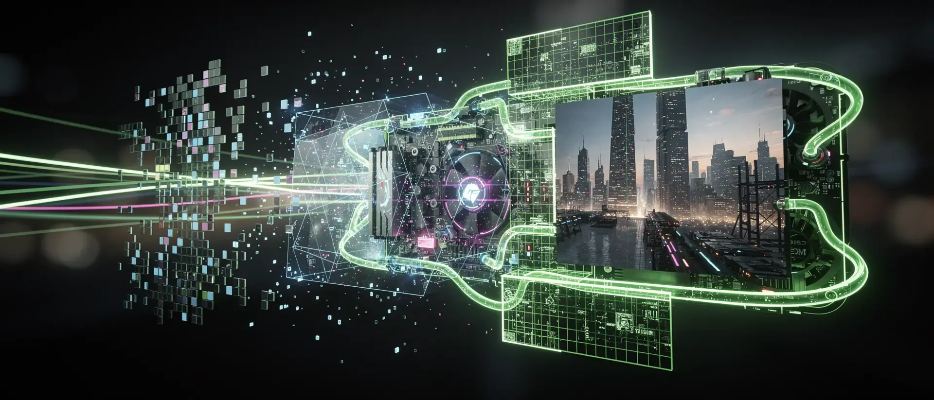 Futuristische Grafik einer Grafikkarte, die verpixelte Daten in ein scharfes Stadtbild mit Hochhäusern transformiert.