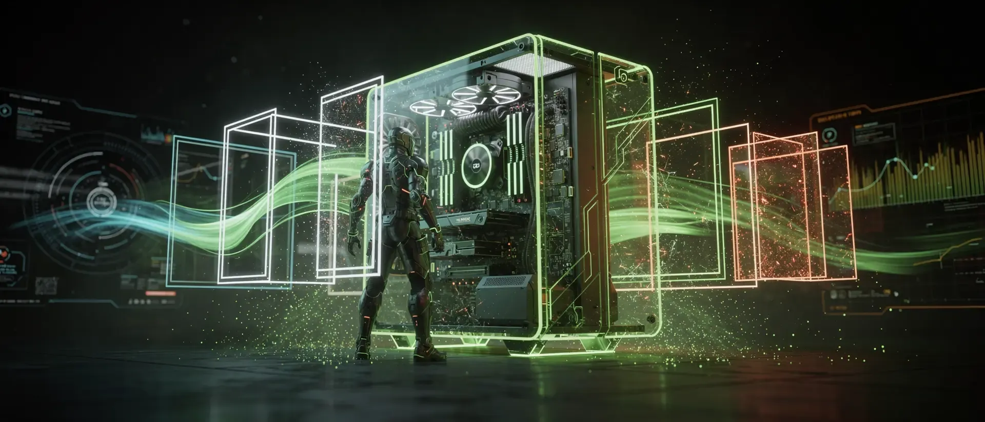 Ein Cyborg in Rüstung vor einem leuchtenden PC-Gehäuse mit schwebenden, transparenten Bildrahmen und Datenströmen.