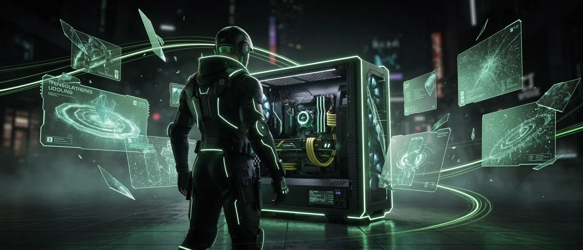 Ein Cyborg in einem Cyberpunk-Szenario, der vor einem leuchtenden Gaming-PC und verschiedenen schwebenden Hologrammen steht.