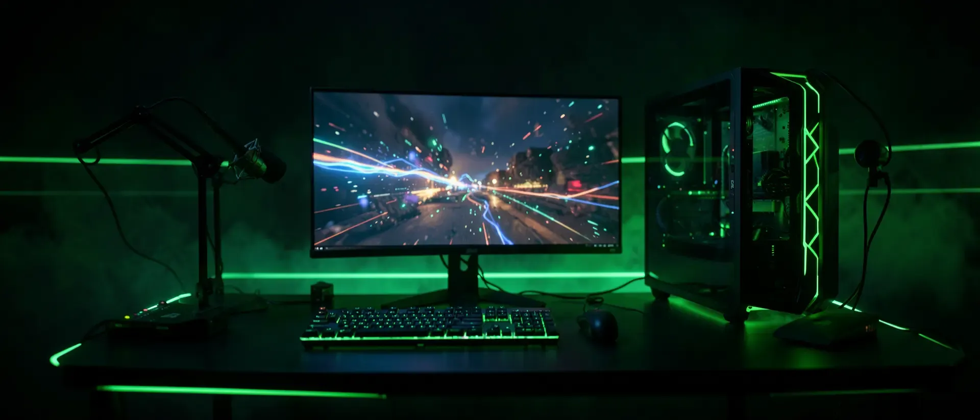 Futuristisches Gaming-Setup in einem dunklen Raum mit neongrüner Akzentbeleuchtung, einem Monitor mit abstrakten Lichteffekten und einem PC-Tower.