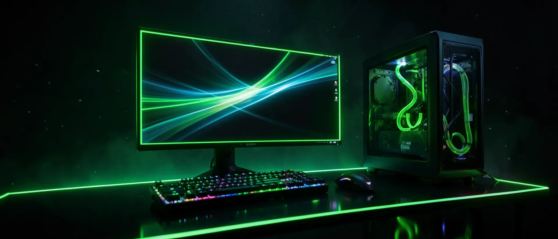 Futuristisches Gaming-Setup in einem dunklen Raum mit neon-grün leuchtendem Monitor, RGB-Tastatur und PC in einer atmosphärischen Cyberpunk-Ästhetik.