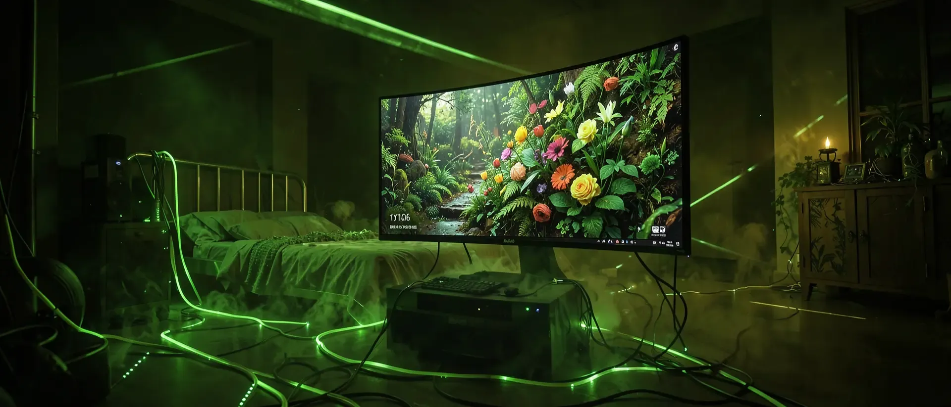 Ein futuristischer Gaming-Arbeitsplatz in einem dunklen Raum, beleuchtet von neongrünen Lichtstreifen und atmosphärischem Nebel.