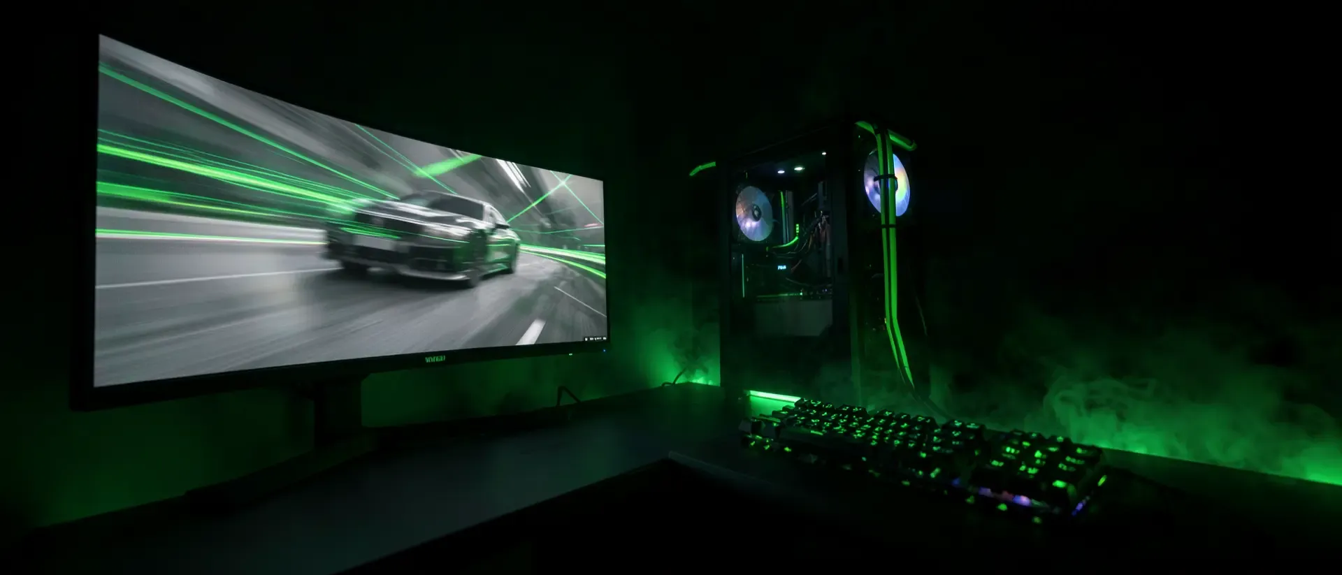 Futuristisches Gaming-Setup in dunkler Atmosphäre mit gebogenem Monitor, grün leuchtender mechanischer Tastatur und neongrünen Lichteffekten.