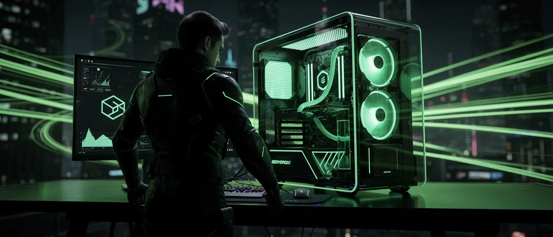 Cyberpunk-Stadtlandschaft in Neon-Optik als Symbol für High-End-Gaming und schnelle SSD-Performance.