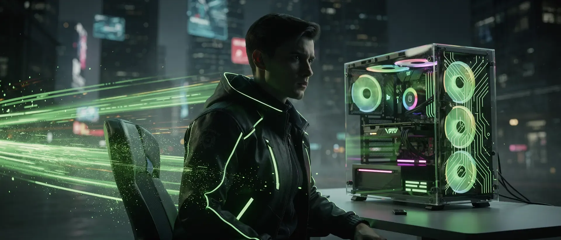 Cyberpunk-Stadtbild in Neonfarben als Symbol für High-Speed-Gaming und SSD-Performance.