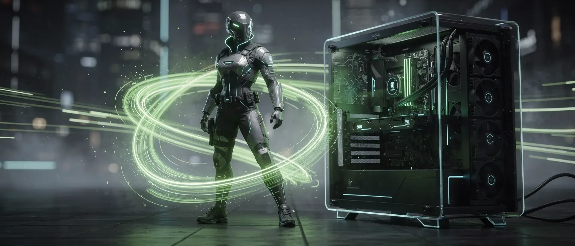 Cyberpunk-Stadtlandschaft in Neon-Optik als Symbol für High-Speed-Gaming und moderne SSD-Performance.