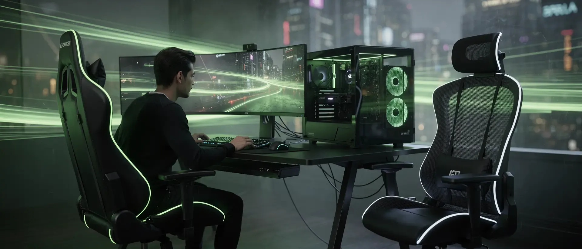 Cyberpunk-Szenerie mit Neon-Ästhetik: Gaming-Stuhl im Vergleich zu ergonomischem Bürostuhl.