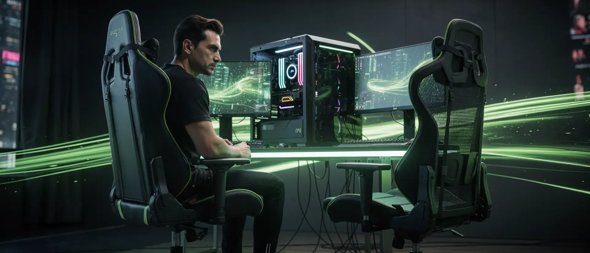 Cyberpunk-Neon-Ästhetik: Futuristisches Setup zur Entscheidung zwischen Gaming-Stuhl und ergonomischem Bürostuhl.