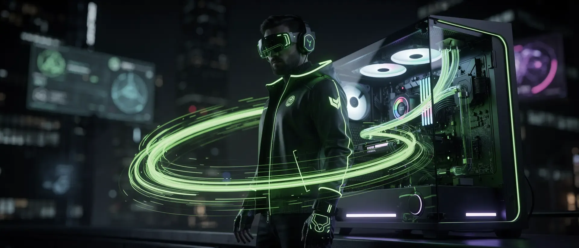 Futuristische Cyberpunk-Stadt mit Neonlichtern als Symbol für High-End Gaming PCs 2026.