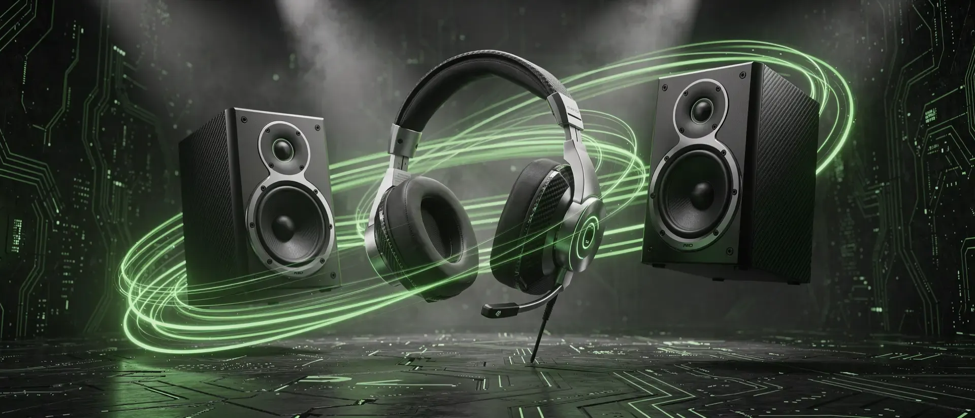 Ultrawide cinematic 21:9 composition, futuristic high-end gaming audio setup in a dark cyber-environment, a sleek professional gaming headset and high-fidelity studio monitors floating in a void of deep charcoal and obsidian, vibrant neon-green glowing light trails (#00FF41) swirling around the hardware like digital data streams, atmospheric haze and volumetric lighting, microscopic electronic circuit patterns etched into the background surfaces glowing in matrix-green, hyper-realistic textures of carbon fiber and brushed aluminum, 8k resolution, ray-traced reflections, cyberpunk aesthetic, moody lighting, sharp focus, zero text, no letters, no typography, no logos, no writing, no characters.