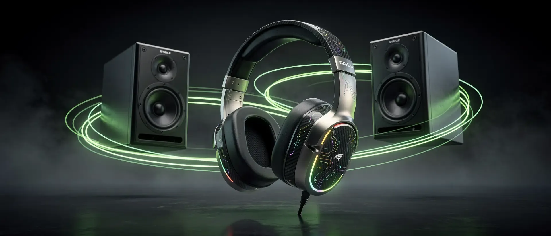 Ultrawide cinematic 21:9 composition, futuristic high-end gaming audio setup, a sleek professional gaming headset and high-fidelity studio monitors floating in a dark void, neon-green #00FF41 glowing light trails swirling around the equipment, ethereal cybernetic atmosphere, volumetric fog, deep obsidian background, sharp focus on carbon fiber and metallic textures, iridescent circuitry patterns, ray-traced reflections, hyper-realistic 8k, cyberpunk aesthetic, moody cinematic lighting, zero text, no letters, no words, no logos, no typography, purely visual composition.