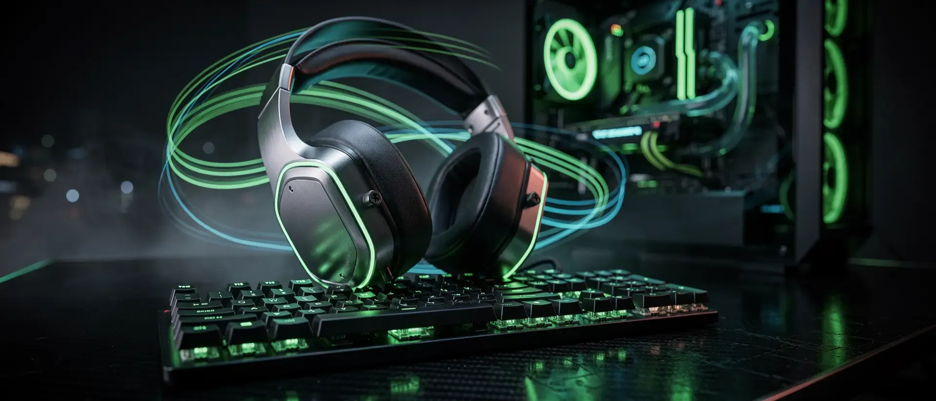Ultrawide cinematic 21:9 composition, high-end futuristic gaming setup in a dark atmospheric room, focus on a sleek professional gaming headset resting on a glowing mechanical keyboard, intense neon-green accents #00FF41, vibrant neon light trails weaving through the air like digital audio waves, soft volumetric fog, deep black shadows, cyberpunk aesthetic, hyper-realistic 8k resolution, ray-tracing reflections on polished carbon surfaces, bokeh background of a high-tech gaming PC with glowing green internal components, immersive electronic atmosphere, zero text, no letters, no words, no typography, no logos, no writing.
