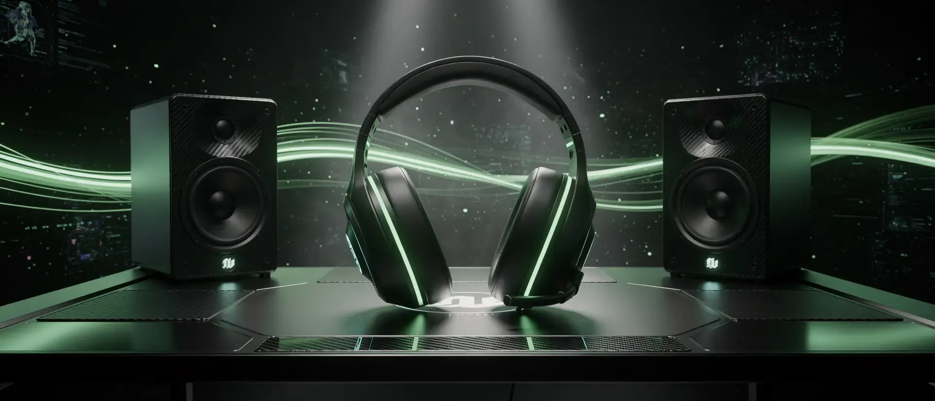Ultrawide 21:9 cinematic shot of a futuristic high-end gaming audio workstation in a dark cyberpunk atmosphere. Central focus on a sleek, matte black professional gaming headset with glowing neon-green accents (#00FF41) resting on a minimalist desk, flanked by two high-fidelity studio monitor speakers. The background is a deep obsidian void filled with ethereal neon-green light trails, floating holographic data particles, and a soft atmospheric haze. High-tech aesthetic with carbon fiber textures, brushed metal surfaces, and subtle ambient green glows reflecting off polished surfaces. Hyper-realistic, 8k resolution, ray-traced lighting, Unreal Engine 5 render style, depth of field, cinematic composition. ABSOLUTELY NO TEXT, NO LETTERS, NO WORDS, NO TYPOGRAPHY, NO NUMBERS, NO LOGOS, NO CHARACTERS, NO WRITING.