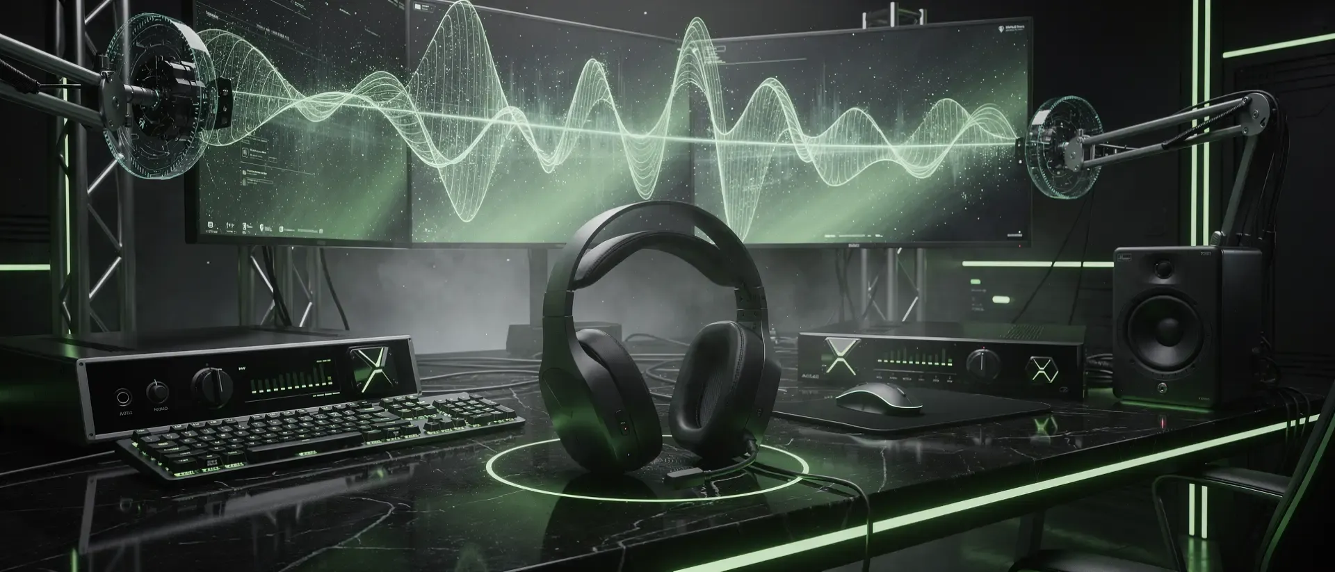 Ultrawide 21:9 cinematic wide shot, futuristic cyber-gaming sanctuary, high-end professional streaming setup. A pair of sleek, minimalist futuristic gaming headphones resting on a polished obsidian desk, surrounded by high-tech audio equipment and a glowing mechanical keyboard. Aesthetic dominated by deep blacks and charcoal tones with vibrant neon-green (#00FF41) accent lighting. Glowing digital light trails and holographic audio waves floating in the air. Volumetric fog, cinematic atmospheric lighting, ray-tracing reflections on metallic surfaces. Cyberpunk high-tech laboratory vibe, 8k resolution, photorealistic, unreal engine 5 render, hyper-detailed textures. ABSOLUTELY NO TEXT, NO LETTERS, NO WORDS, NO TYPOGRAPHY, NO NUMBERS, NO LOGOS, NO WRITING, ZERO TEXT.