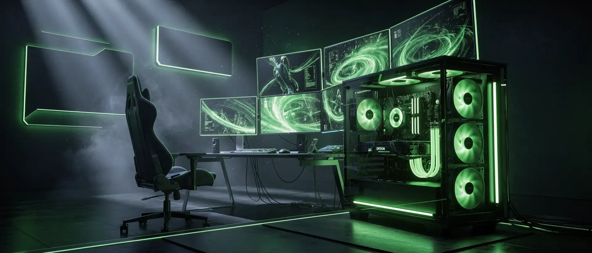 Cyberpunk-Stadtlandschaft in Neon-Optik als Symbol für intensive Gaming-PC-Beleuchtung und visuelle Reize.
