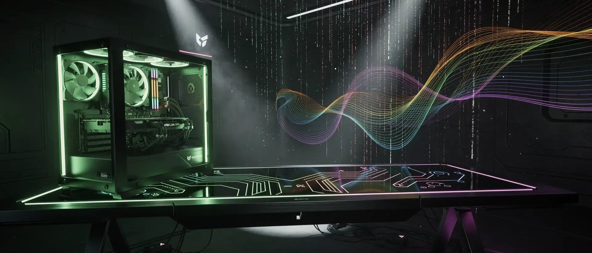 Futuristisches Cyberpunk-Panorama mit neonfarbener RGB-Beleuchtung in einer modernen Gaming-Ästhetik.