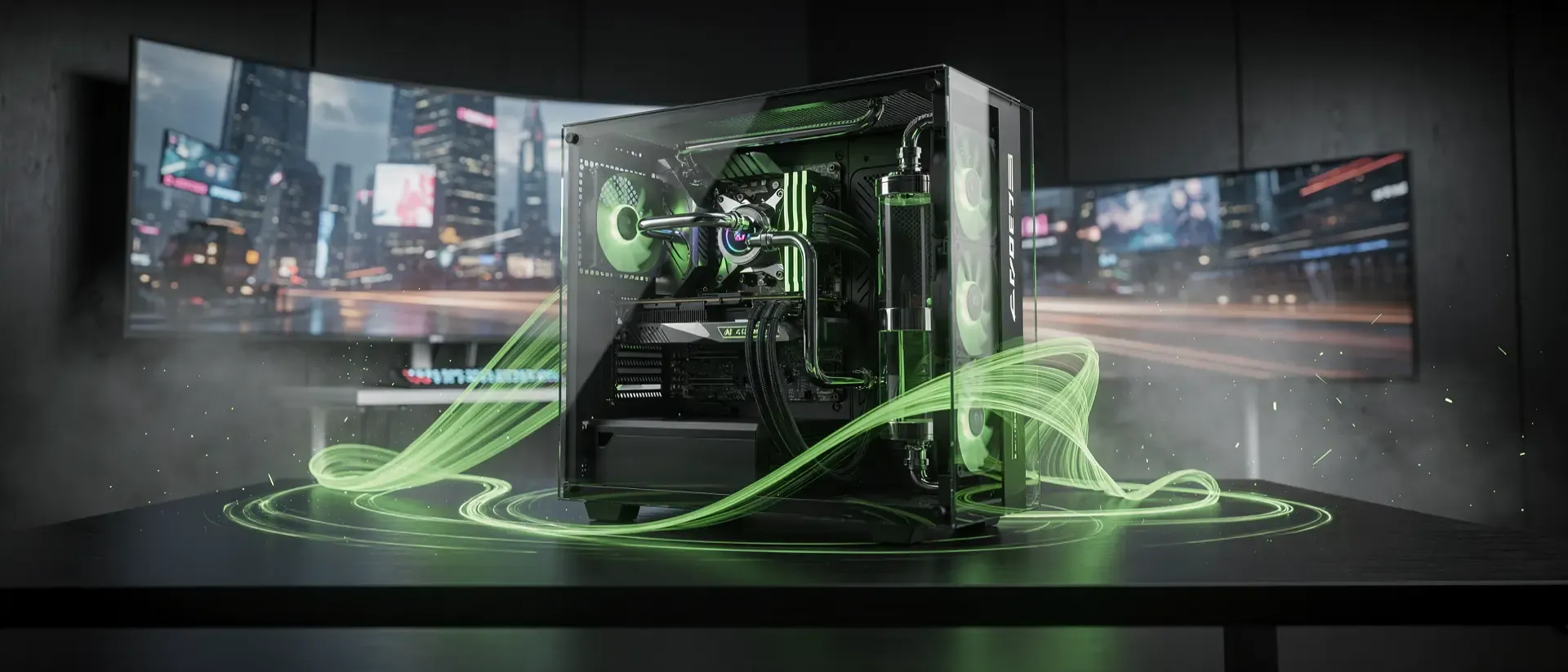Cyberpunk-Stadtlandschaft in Neon-Optik als Symbol für moderne Gaming-PC-Beleuchtung und RGB-Ästhetik.