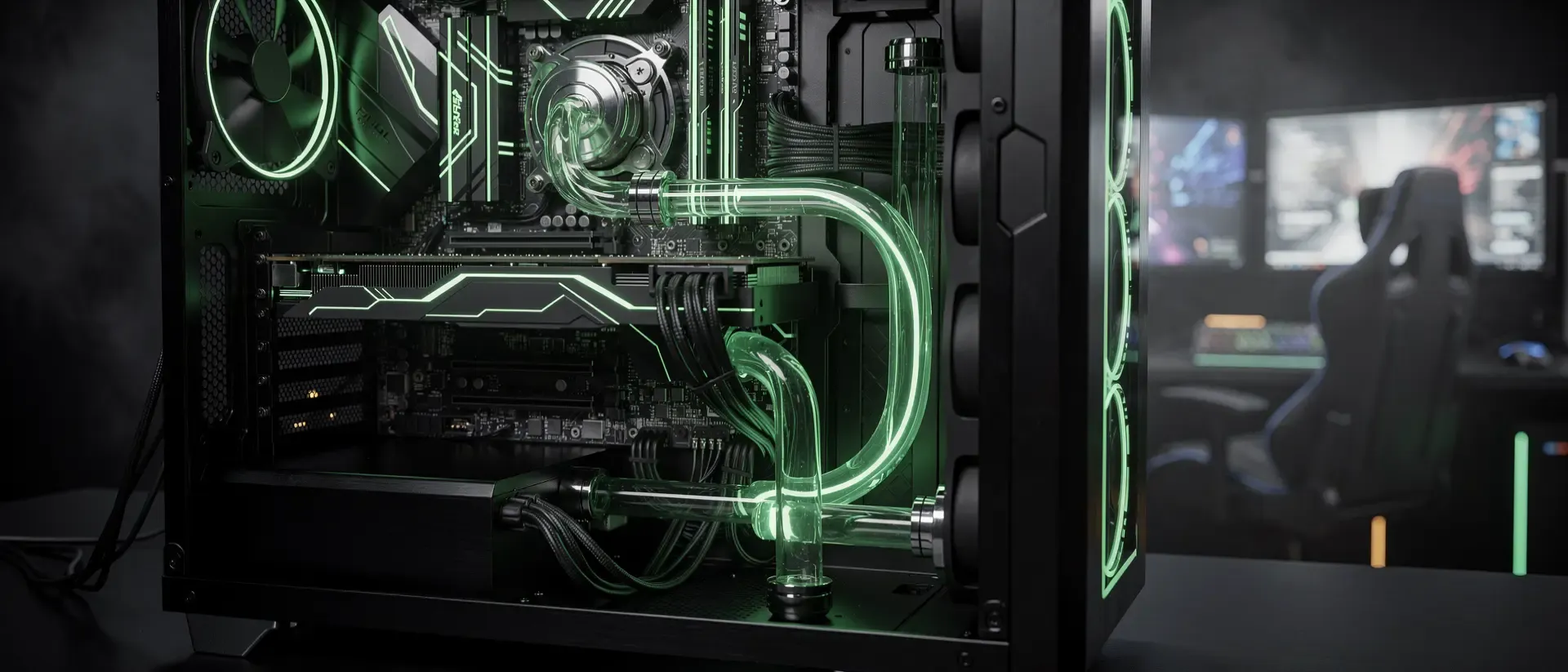 Futuristische Cyberpunk-Stadt in Neon-Optik als Symbol für moderne Gaming-PC-Beleuchtung und RGB-Ästhetik.