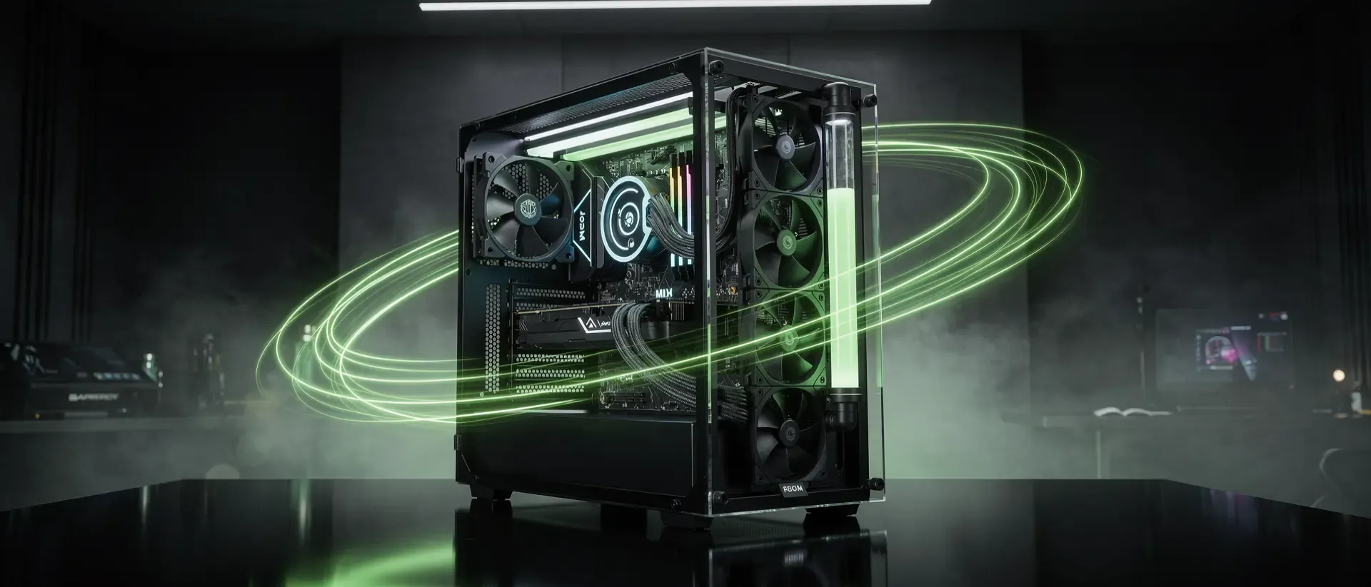 Cyberpunk-Gaming-Setup mit neonfarbener Beleuchtung und futuristischer Ästhetik im Breitbildformat.
