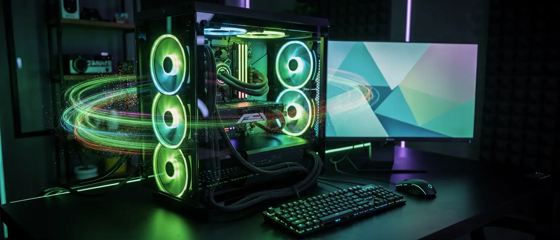 Cyberpunk-Grafik mit Neon-Lichtern, die einen modernen Gaming-PC und optimierten Luftstrom symbolisiert.