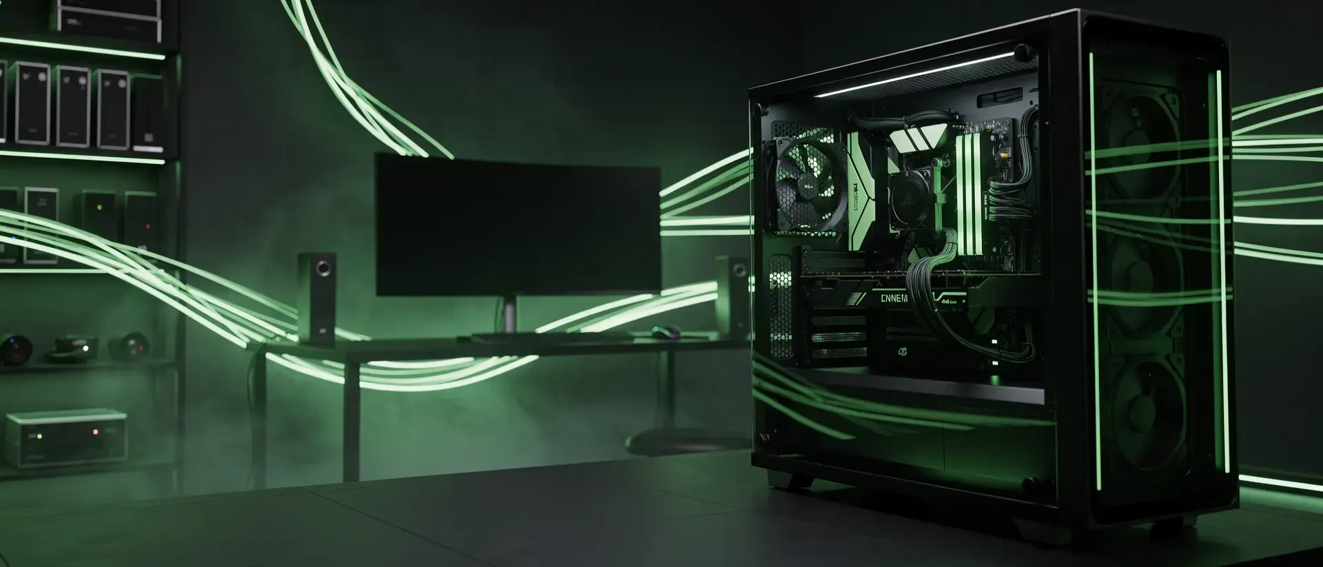 Cyberpunk-PC-Hardware in Neon-Optik: Fokus auf Netzteil und Arbeitsspeicher für maximale Langlebigkeit.