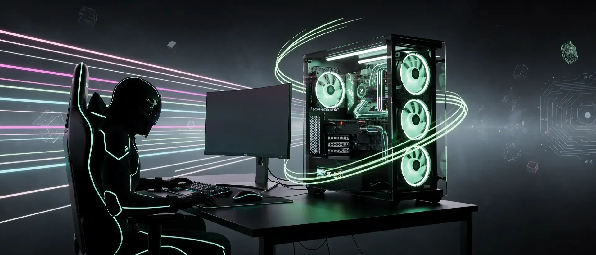 Ein futuristisches Gaming‑Zimmer mit dunklem Hintergrund, leuchtenden Neon‑Grün‑Lichtspuren und hochwertiger PC‑Ausrüstung.