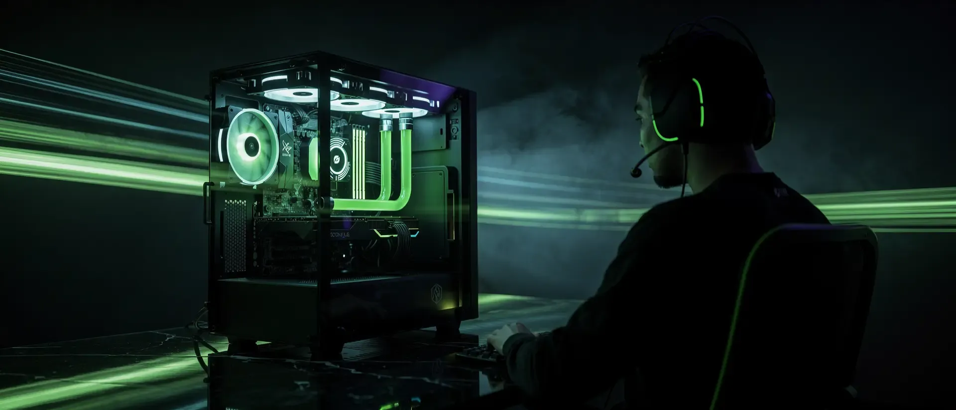 Futuristische Szenemit dunklem Hintergrund, leuchtenden grünen Neonlichtbahnen, High‑End‑Gaming‑PC, Streamer‑Silhouette mit Headset, Neon‑Glow.