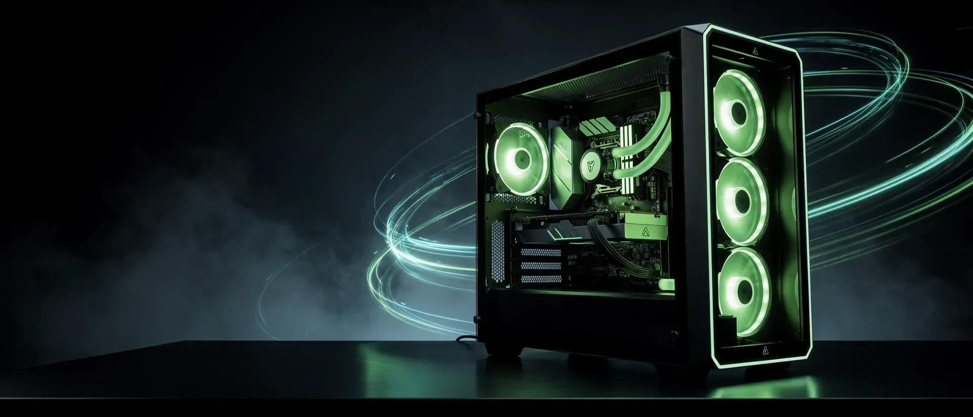 Ansicht eines futuristischenHigh‑End‑Gaming‑PCs mit neongrünen Akzenten, dunklem Hintergrund, Lichtbahnen und Cyber‑Glow, strahlender Gamer‑Vibe.