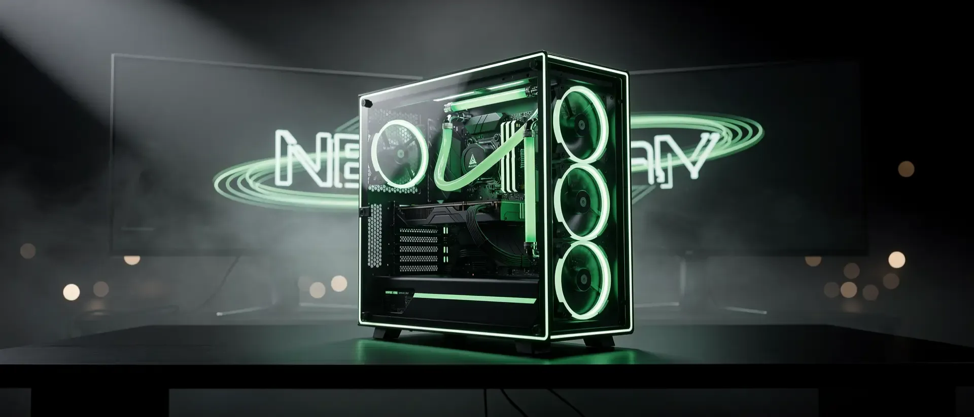 Eine ultrawide, cinematic Szene eines futuristischen High‑End‑Gaming‑PCs mit Neon‑Grün‑Akzenten, umgeben von Lichtstrahlen und Nebel.