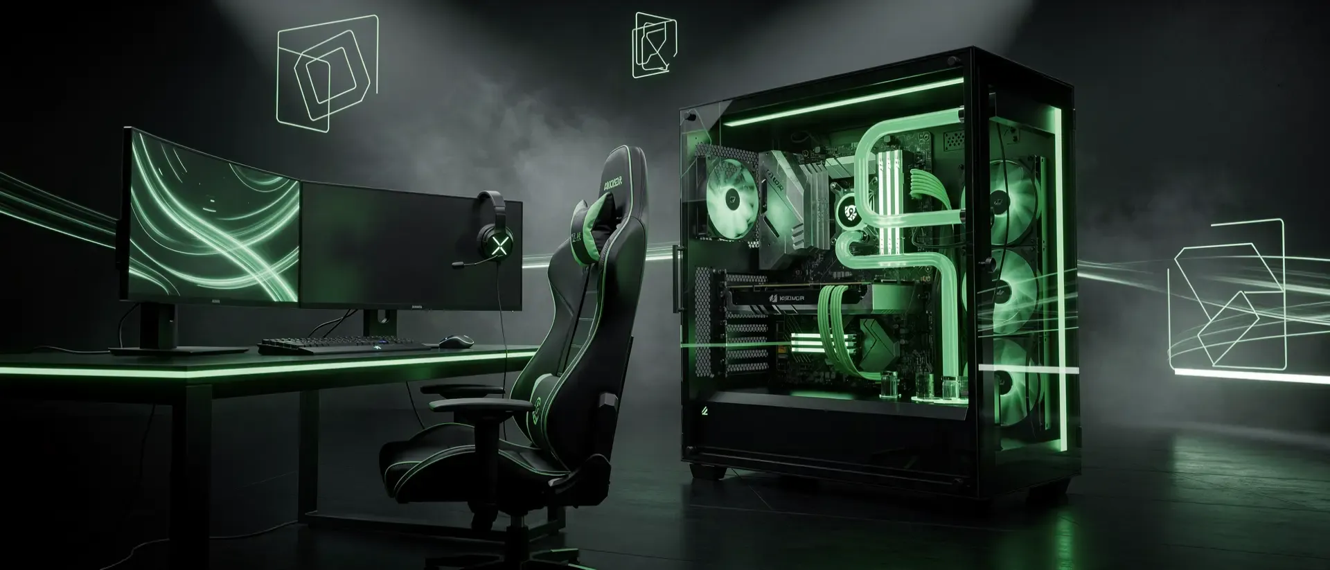 Ultrawide cinematic 21:9 cyber scene with dark background, vivid neon-green glowing light trails and atmosphere in a futuristic high-end PC gaming room. Absolutely no text, letters, words,